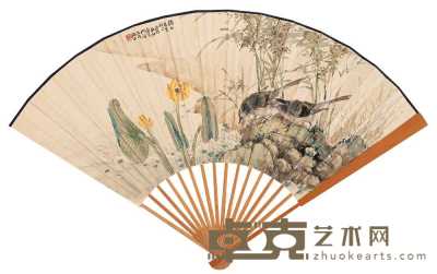 柳滨 阮数峰 戊辰（1928）年作 双雀图 酒香人间 成扇 19×51cm